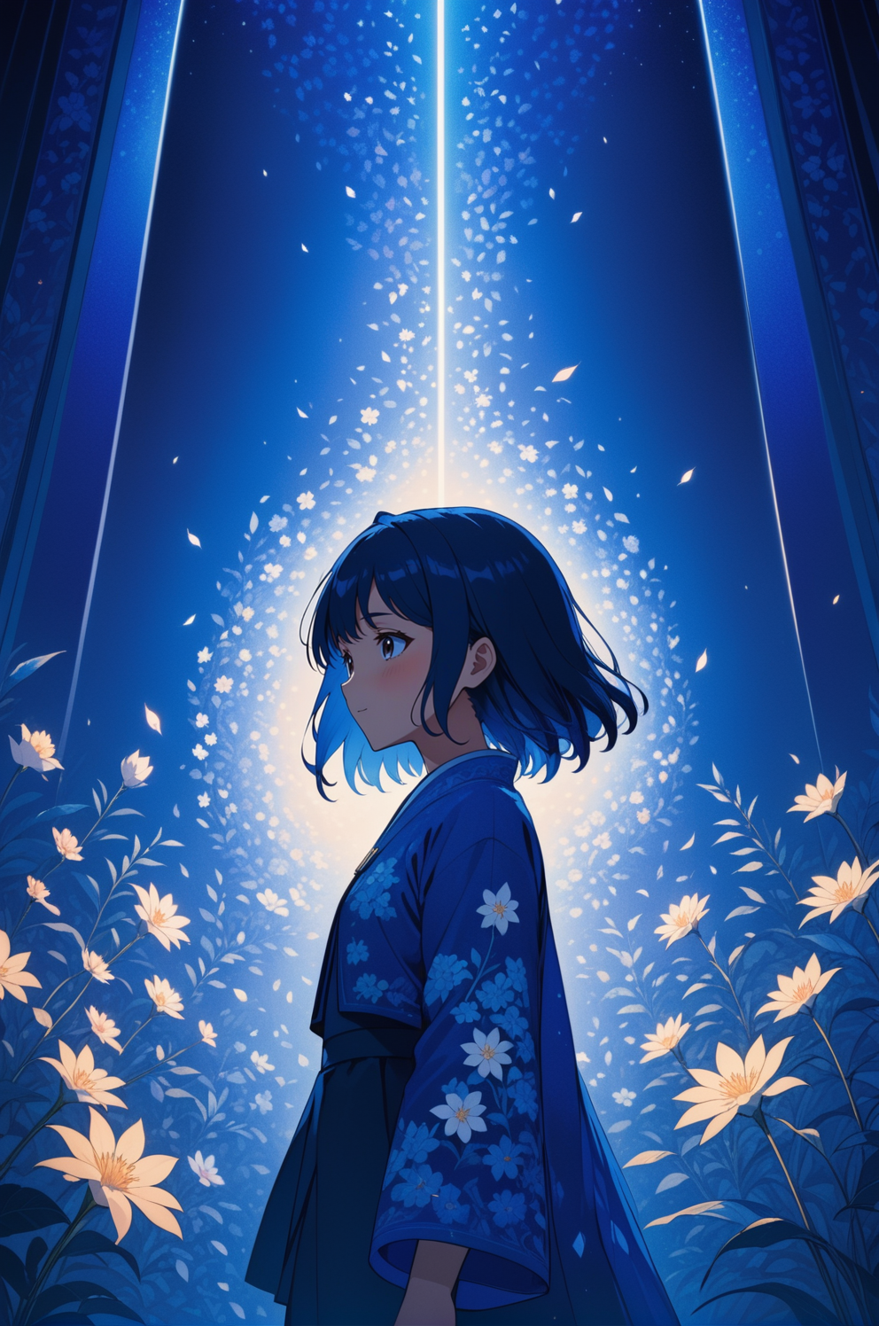 anime opening, (1girl), solo, a dreamscape aesthetic in Cobalt blue theme atmosphere, mosaic background, happy, floral, (w...